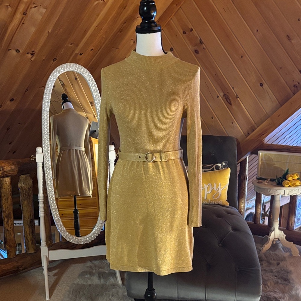 Free People Gold Long-Sleeve Dress with Belt